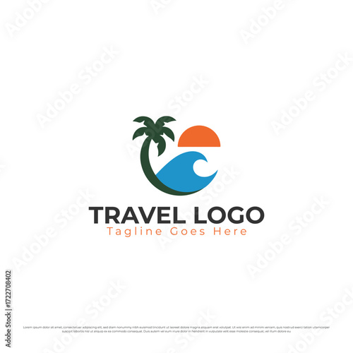 Tropical travel logo with palm tree, ocean wave and sunset, summer holiday vector design