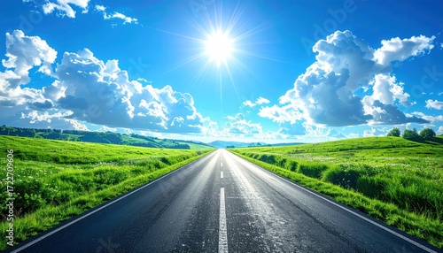 A straight road stretches through lush green fields towards a bright, radiant sun shining amidst puffy white clouds in a vivid blue sky