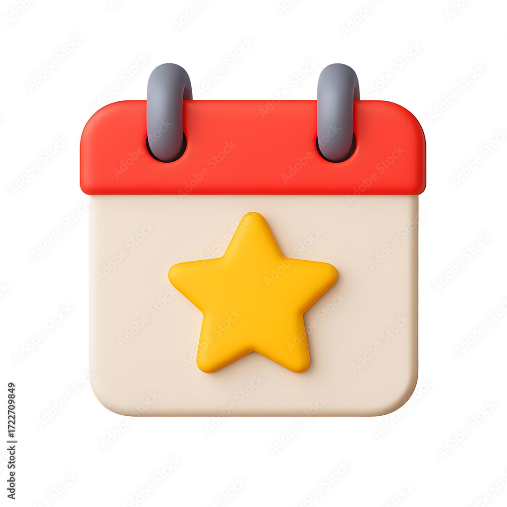 Fototapeta premium 3d illustration of a stylized calendar icon with a red top and a yellow star on a cream colored page showing transparent background