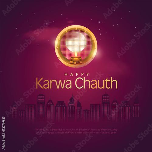 Indian Hindu Festival Happy Karwa Chauth background with strainer and diya isolated. Creative vector illustration design.