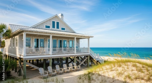A white beach house with wooden deck and chairs on the sand, overlooking the ocean.