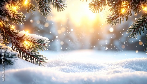 Snow-covered ground and pine branches adorned with glowing lights, creating a festive, wintery scene with a blurred background
