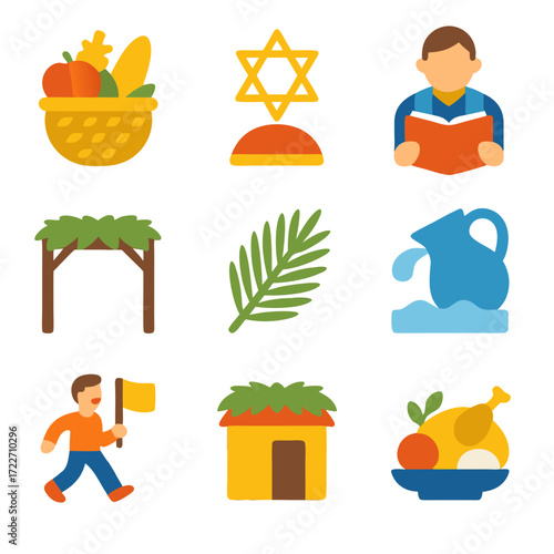 Sukkot holiday decor featuring symbols like etrog, lulav, sukkah. Ideal for festive greeting cards, social media posts, educational materials.
