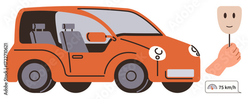 Red compact car with visible seats, human holding a smiling mask-thumbs up device, and a speed indicator reading 75 kmh. Ideal for technology, automation, transport, innovation, safety, future