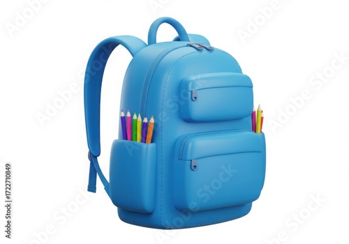 Bright blue backpack filled with colorful pencils isolated on white background