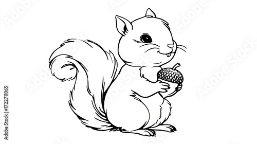 A charming line drawing of a squirrel, sitting upright, clutching an acorn. Its fluffy tail curls behind it, and its expression is cheerful