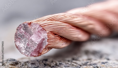 Close-up of copper wire, twisted strands, and exposed core