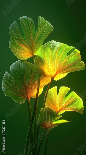 Vibrant, illuminated tropical leaves against a dark green backdrop