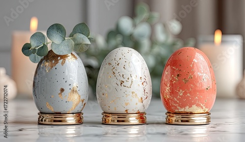 Three decorated eggs on marble, with eucalyptus sprigs
