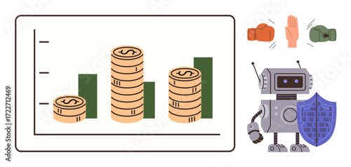 Coin stacks rising in front of bar chart, robot with shield symbolizing cybersecurity, and boxing gloves with a hand gesture highlighting conflict resolution. Ideal for finance, AI, security, growth
