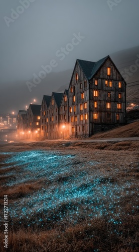 Misty mountain village, glowing lights