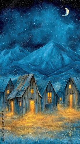 Night village nestled in mountains