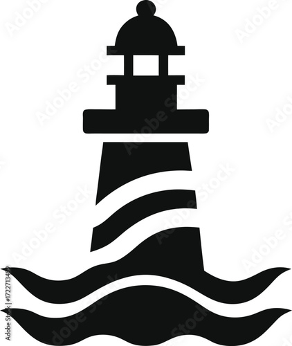  Icon of a lighthouse on waves, minimal nautical silhouette  vector illustration on transparent background.