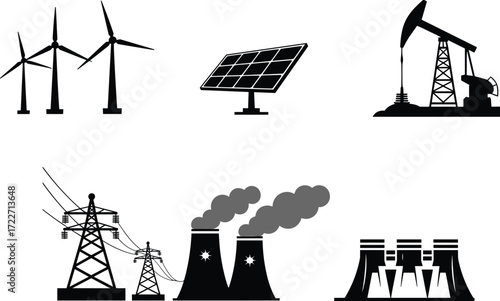 Black and white energy icons, wind turbines, solar panel, oil pumpjack, power lines, cooling towers, renewable and fossil fuel industry illustration