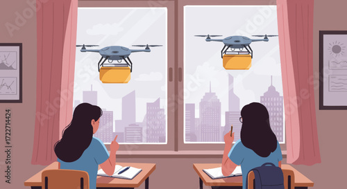 Two students observe futuristic drone package deliveries flying past a classroom window over a modern city skyline.