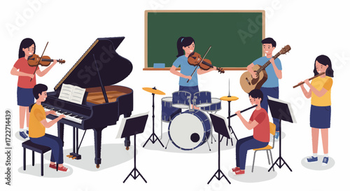 A diverse group of students enthusiastically playing various musical instruments like piano, drums, violins, guitar, and flutes in a music classroom.