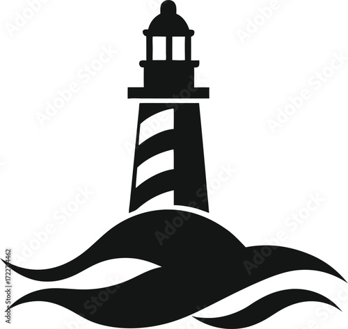  Icon of a lighthouse on waves, minimal nautical silhouette  vector illustration on transparent background.