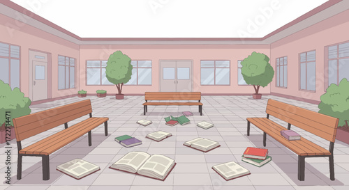 Empty courtyard scene with scattered books, benches, and trees, suggesting a quiet, deserted space.