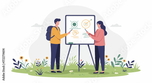 Two individuals collaborating, presenting diagrams on a whiteboard, outdoors, in a natural setting.
