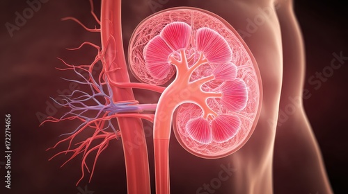 Anatomical Illustration of Human Kidney with Blood Vessels Detailed