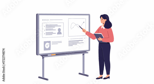 Businesswoman presenting data on a whiteboard during a meeting.