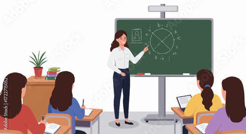 A female teacher points to a diagram on a chalkboard while lecturing a class of attentive female students.