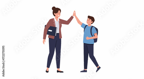 A female teacher and a young male student with a backpack smile as they give each other a high five.
