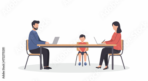 A family sits at a long table, with parents on laptops on either side of a child seated in the middle, suggesting remote work or shared digital space.