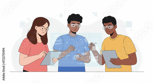 Three diverse individuals collaborating, using tablets, and engaging in a project together.
