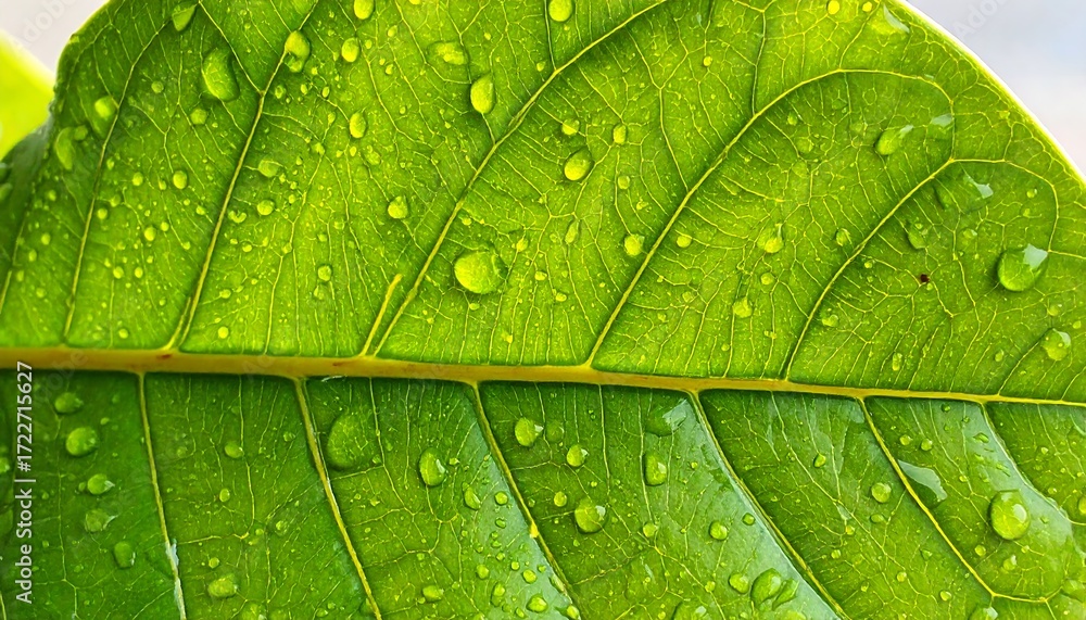 Fototapeta premium Close-up of a vibrant green leaf covered in water droplets (2)