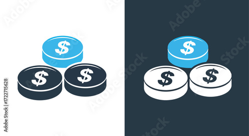 Stack of dollar coins icon featuring blue black and white colors for financial applications