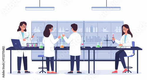 Four scientists in lab coats conduct experiments at lab benches with beakers, flasks, test tubes, and a laptop in a bright laboratory setting.