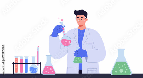 Man in a lab coat carefully pours liquid from a small flask into a larger flask, surrounded by other beakers and test tubes.