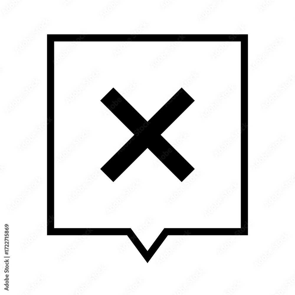Obraz premium Black outlined square chat bubble with X mark, minimal cancel or error notification symbol for message, dialogue or app UI, PNG with transparent background