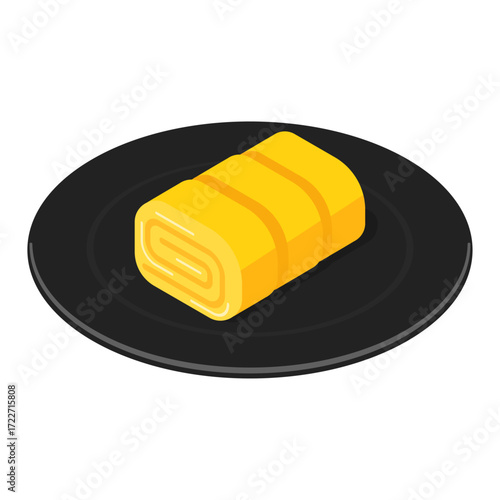 Tamagoyaki rolled omelette on black plate - flat vector illustration, Japanese food icon
