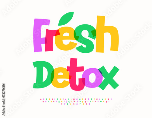Vector Quality badge Fresh Detox with decorative Leaf. Pure Transparent Watercolor Font. Funky Colorful Alphabet Letters and Numbers set.