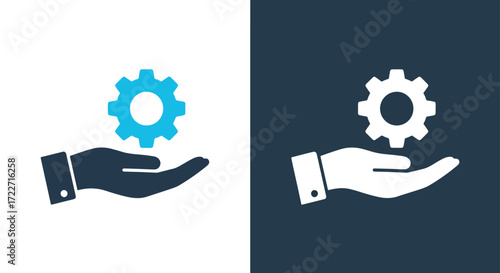 Hand holding cogwheel icon symbolizing service settings and mechanical support