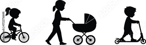Family activity silhouettes, child riding bicycle, parent with stroller, kid on scooter, black and white art, everyday life illustration