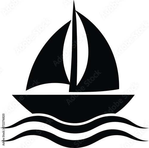 Icon of a sailboat floating on water waves  vector illustration on transparent background.



