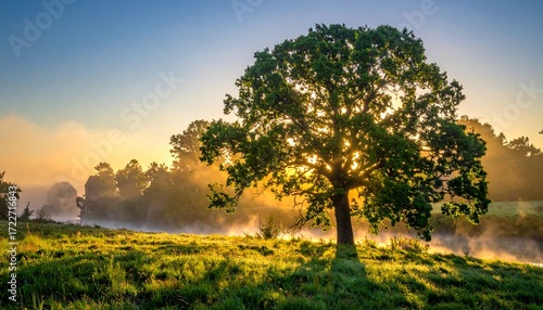 Sunrise illuminates a lone tree over a misty field