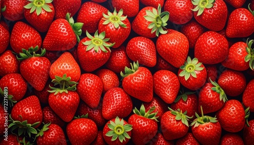 A vibrant, close-up view of many fresh strawberries