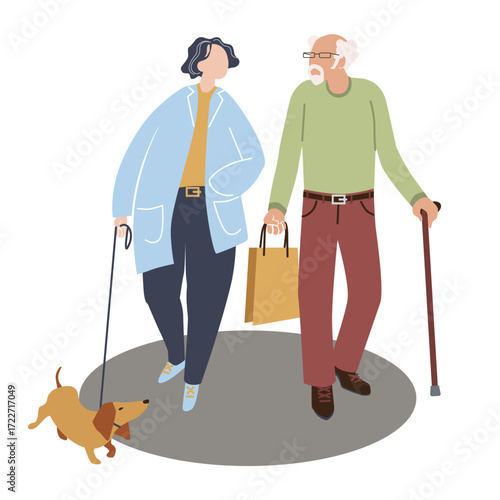Elderly couple walking together with a dog and shopping bag, grandparents, perfect for health, lifestyle, retirement, community, and senior care design themes.