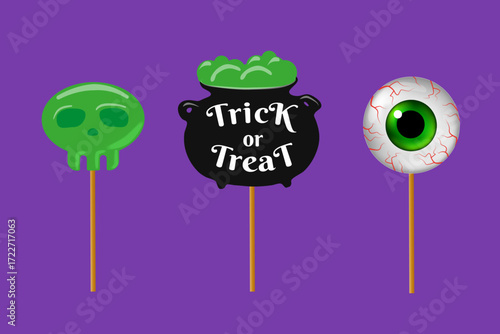 Halloween lollipop  set with bubbling cauldron with ‘Trick or Treat’ text, scull, spooky eyeball. Great for Halloween party backdrops, poster, flyer design