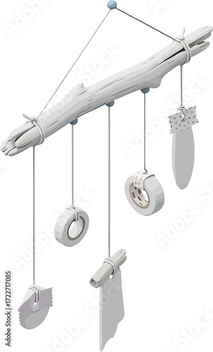 Abstract Hanging Object: An abstract mobile suspended by strings. Its stark white hues and minimalist design bring a touch of modern and artistic.