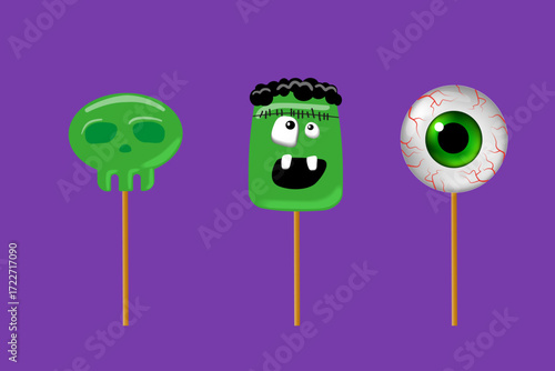 Fun Halloween candy set: scull, monster and eyeball lollipops on sticks, perfect for party favors, spooky treats, event décor, kids’ crafts, and seasonal graphics.