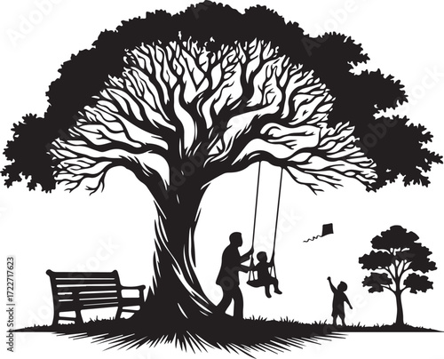 Family Under a Tree Silhouette