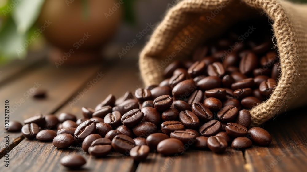 Fototapeta premium Coffee beans spilling from burlap sack, dark roasted coffee beans pouring onto rustic wooden table in closeup view. Concept of coffee production, cafe business, beverage marketing