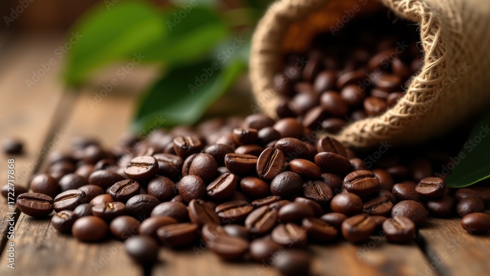 Fototapeta premium Coffee beans spilling from burlap sack, dark roasted coffee beans pouring onto rustic wooden table in closeup view. Concept of coffee production, cafe business, beverage marketing