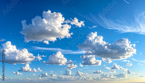 Cumulus clouds drift across a bright blue sky, forming layers of wispy cirrus and puffy formations across the expansive atmospheric canvas