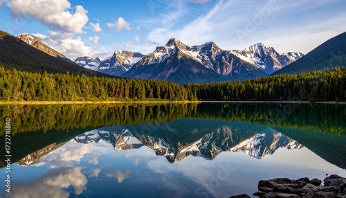A serene mountain lake reflecting snow-capped peaks and lush forests under a partly cloudy sky, creating a symmetrical scenic vista